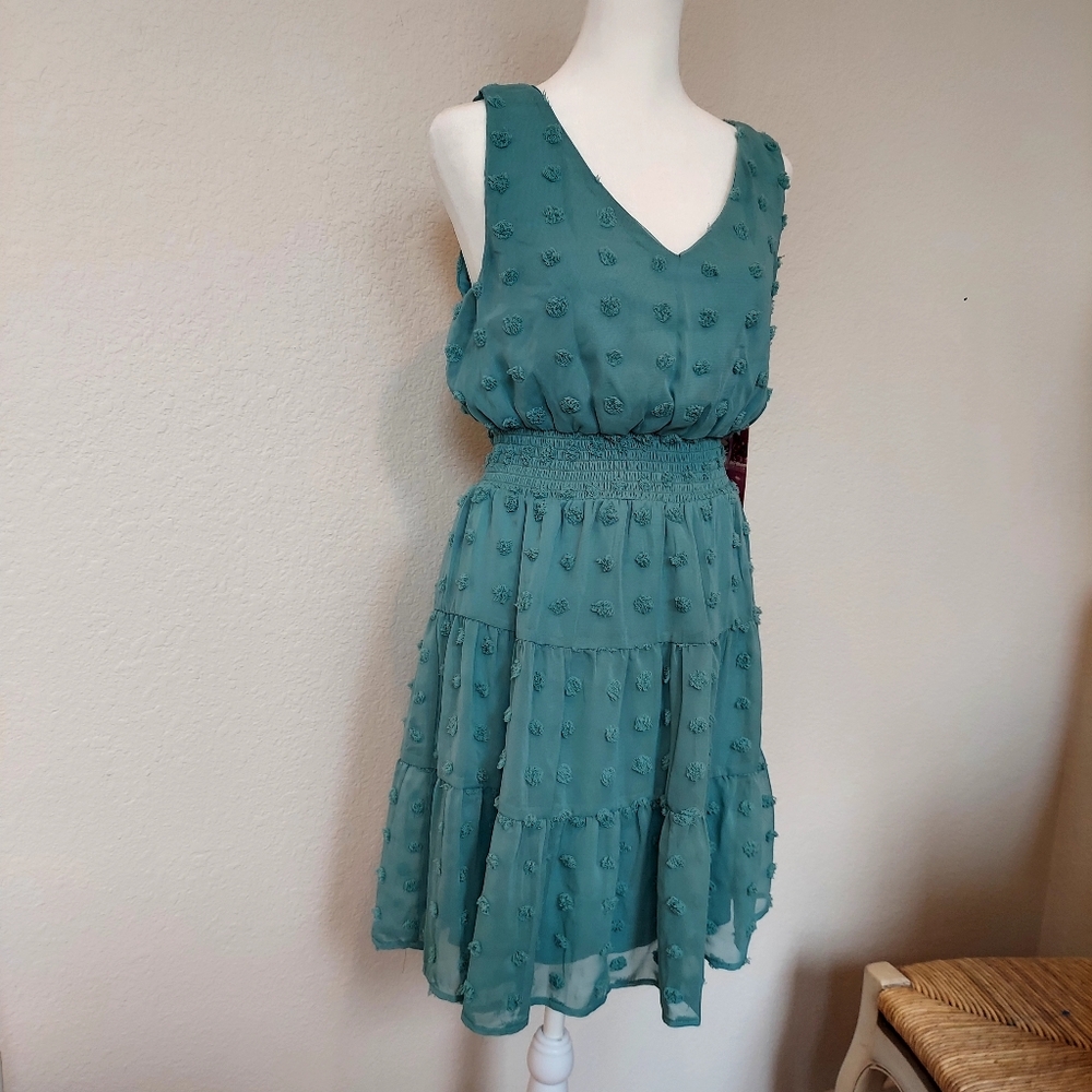 NWT Emerald Sundae Seafoom Green Pom Pom Mini Dress Sz M - Picture 14 of 16